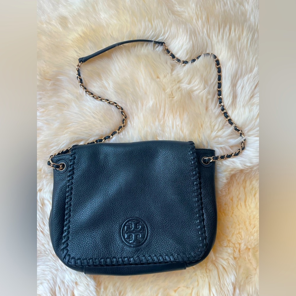 Tory Burch Black Leather Marion Foldover Crossbody Shoulder Bag with Dust Bag